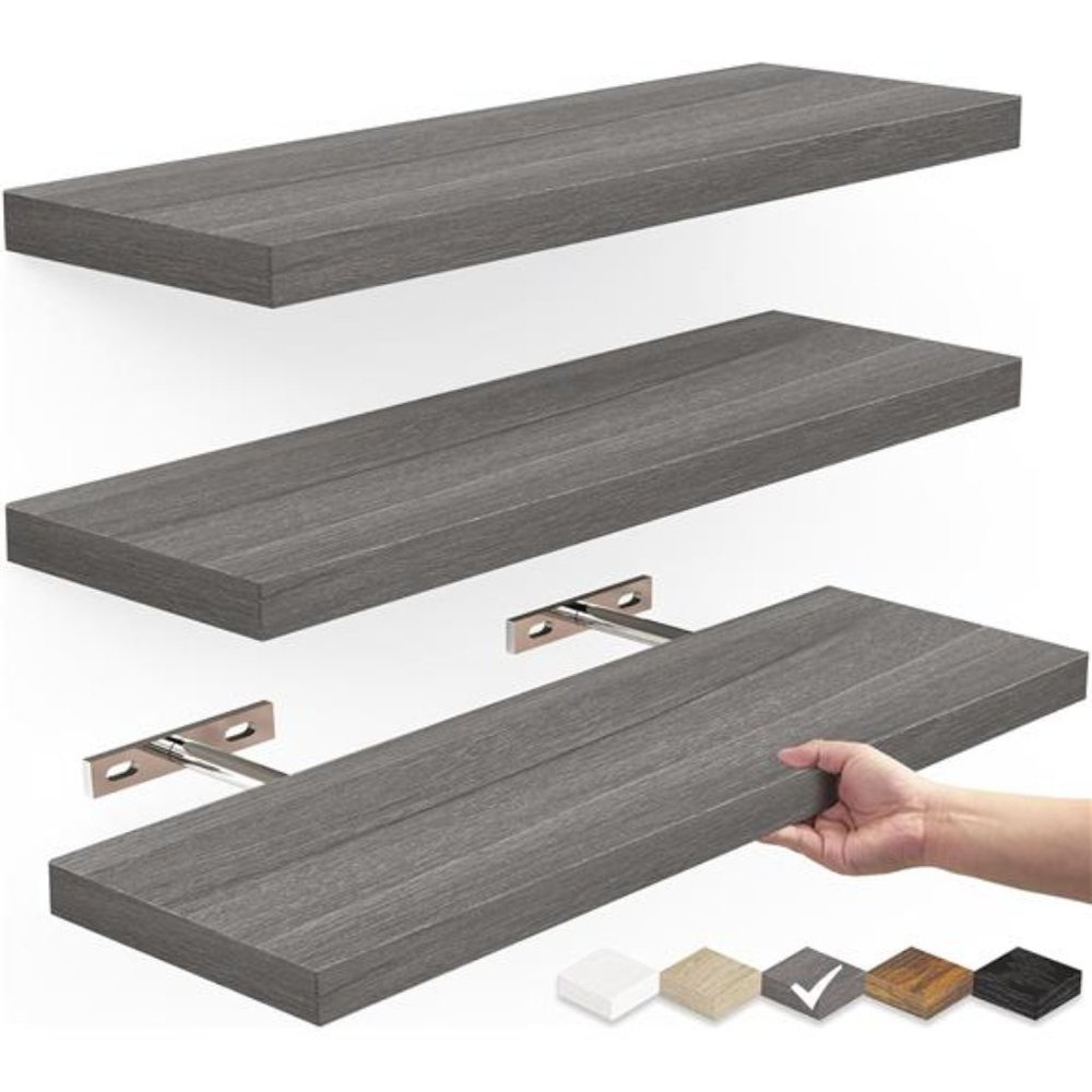 Floating Shelves, Wall Mounted Rustic Wood Shelves, (Grey, Set of 3, 16in)